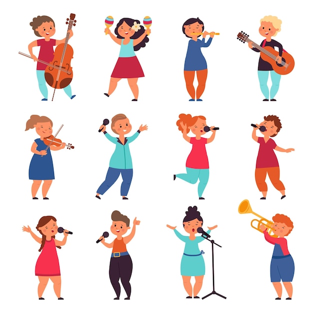 Niños músicos Los niños tocan instrumentos música grupo de niños Dibujos animados aislados conciertos musicales personajes talento niño cantante decente conjunto de vectores