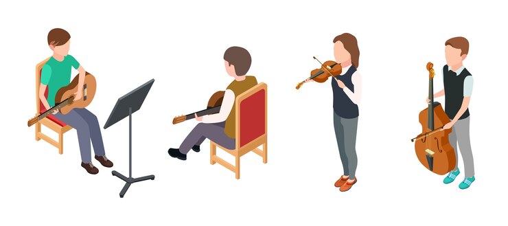Vector niños músicos. personajes isométricos con violonchelo de guitarra violín. orquesta de niños vector aislado sobre fondo blanco