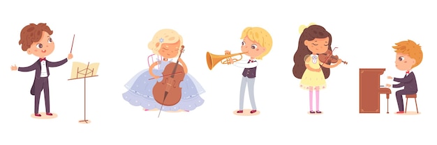 Niños músicos tocando música set Niñas y niños con piano violín trompeta violonchelo dirigiendo orquesta ilustración