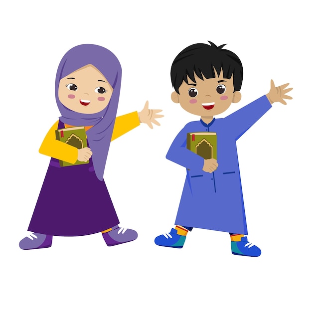 Niños musulmanes Barra y Jenna sosteniendo el Corán diseño de caracteres para niños y niños