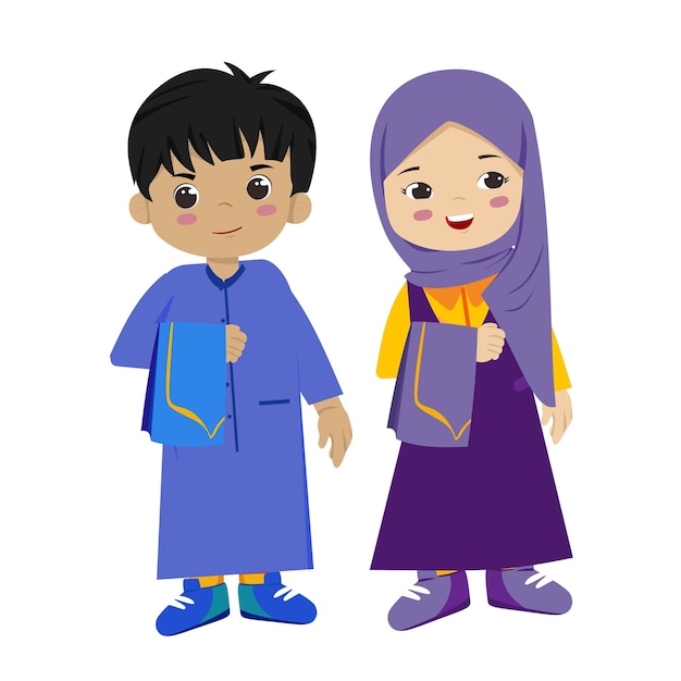 Niños musulmanes barra y jenna sosteniendo sajada para la oración de Tarawih en Ram