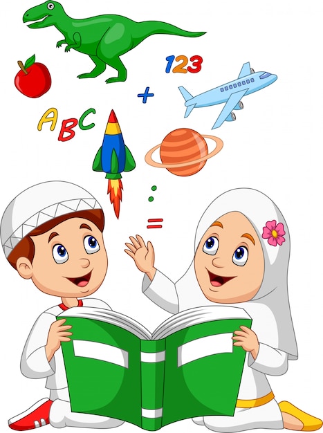 Niños musulmanes de dibujos animados leyendo el concepto de educación libro