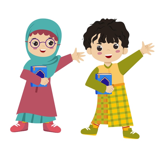 Niños musulmanes Salman y Salma sosteniendo el Corán diseño de personajes para niños y niños