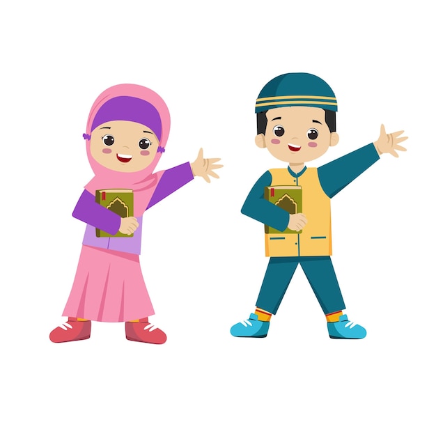 Niños musulmanes Umar y Fairuz sosteniendo el Corán diseño de caracteres para niños y niños