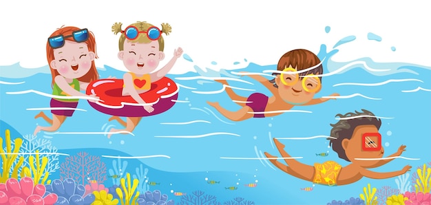 niños nadando bajo el agua en el océano grupo de amigos en el verano
