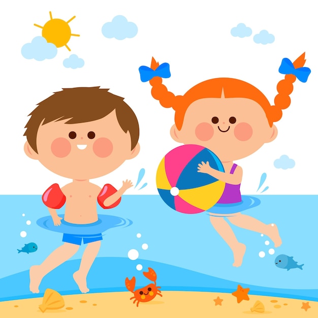 Niños nadando en el mar Vacaciones de verano para niños en la playa Ilustración vectorial