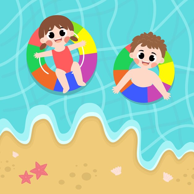 Vector niños nadando en el mar en verano.