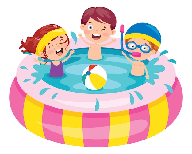 Niños nadando en una piscina inflable