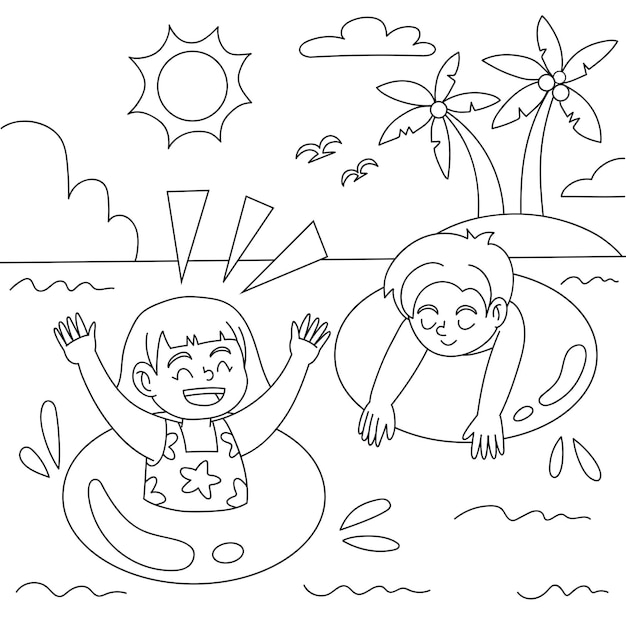 Niños nadando en la playa para colorear página vector ilustración