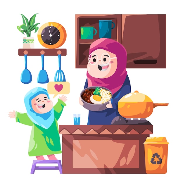 Niños niña ayudando a mamá cocinar platos en la cocina niños ilustración de grupo juntos colorido