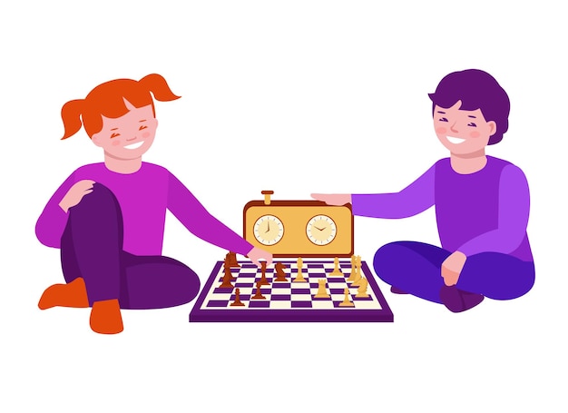 Los niños y una niña juegan al ajedrez sentados en el suelo. Ilustración de vector de estilo de dibujos animados plana. Aislado en un fondo blanco.