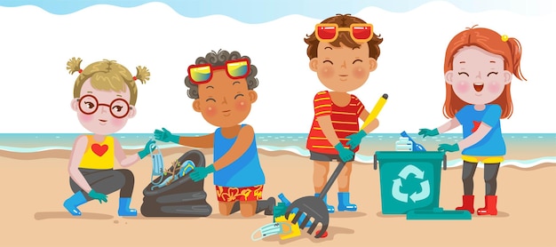 Vector niños y niña jugando en la playa en vacaciones de verano