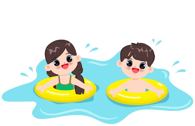 Niños niña y niño flotando en el agua. fiesta en la piscina en vacaciones de verano. vector de personaje de dibujos animados.