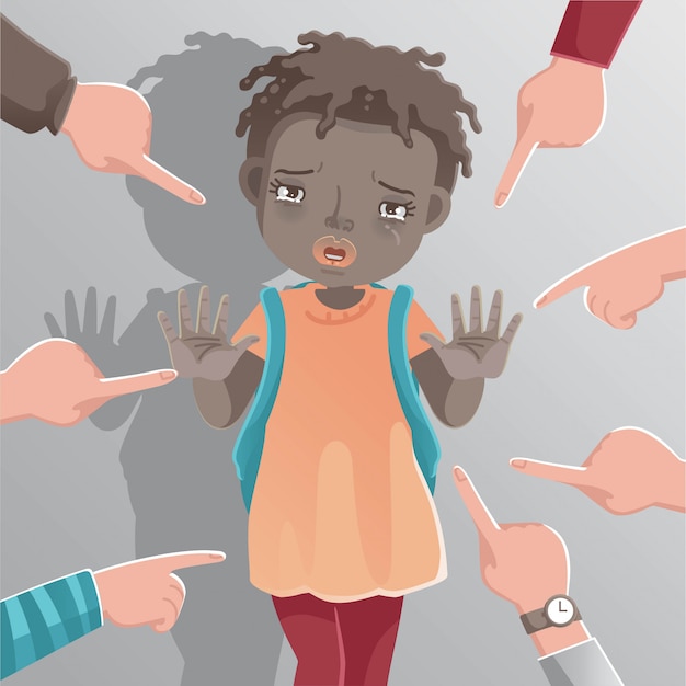 Vector niños niña racismo. señal de stop de niña africana.