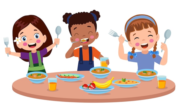 Vector niños y niñas comiendo en la mesa