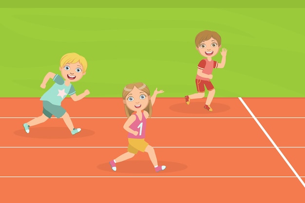 Niños y niñas corriendo por las pistas de carreras del estadio en la ilustración vectorial de la competencia