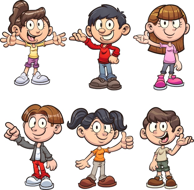 Niños y niñas de dibujos animados en diferentes poses.