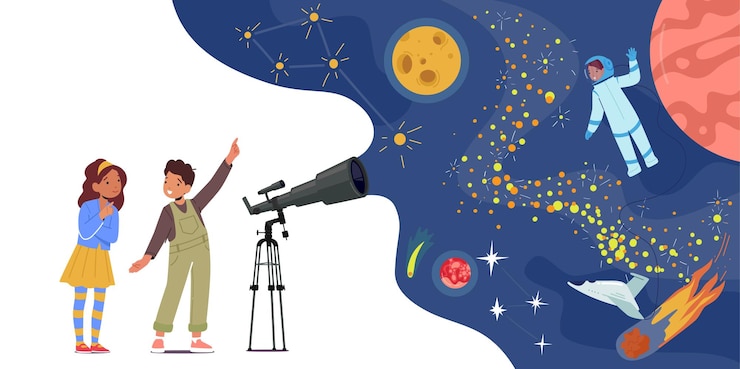 Vector los niños y las niñas estudian la ciencia de la astronomía los niños curiosos miran en el telescopio los personajes de los niños observan el cielo y el espacio
