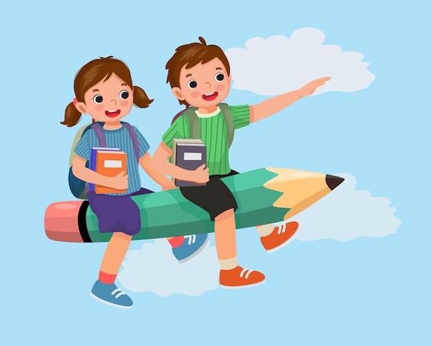 Niños y niñas felices de la escuela con mochila sosteniendo libros montando un lápiz volador van a la escuela