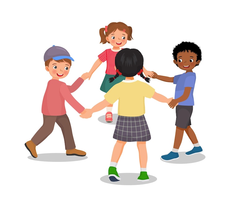 Vector niños y niñas felices tomados de la mano y bailando en círculo divirtiéndose jugando juntos.