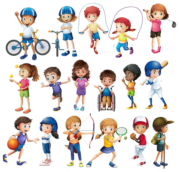 Vector niños y niñas haciendo diferentes deportes