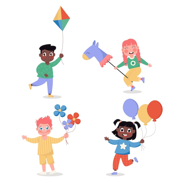Niños y niñas internacionales felices con globos, flores de caballo y cometas en estilo plano