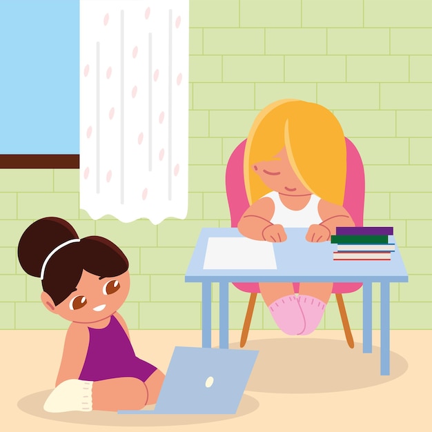 Niños niñas con laptop estudiando en casa