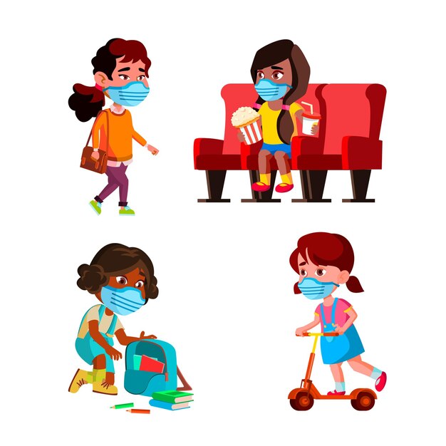 Niños niñas con máscara facial Set Vector. Los niños de las colegialas usan máscara protectora en el cine y la escuela, caminando por la calle y montando patineta en el parque. Personajes planos dibujos animados ilustraciones