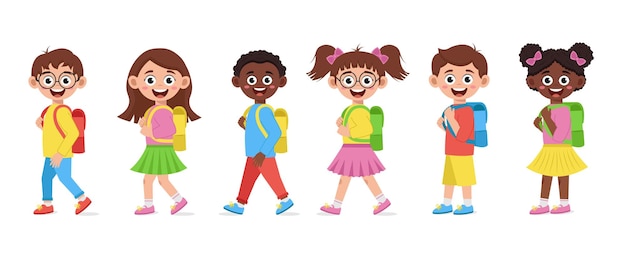 Niños y niñas con mochilas van a la escuela De vuelta a la escuela