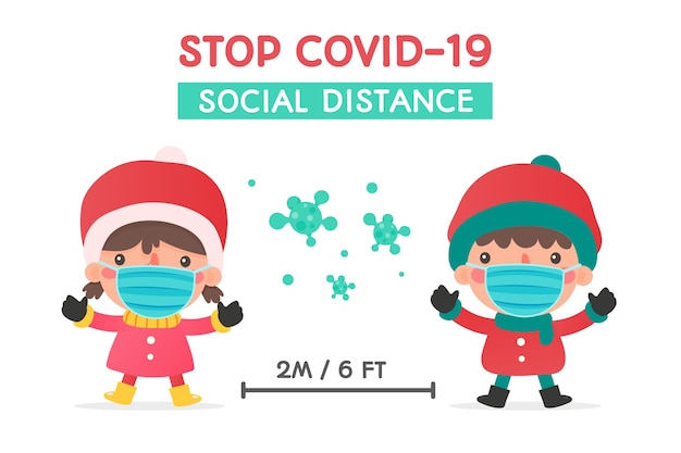Niños y niñas con ropa de invierno y máscaras advirtieron de la distancia social durante el invierno de navidad