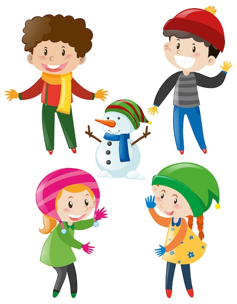 Niños y niñas en ropa de invierno