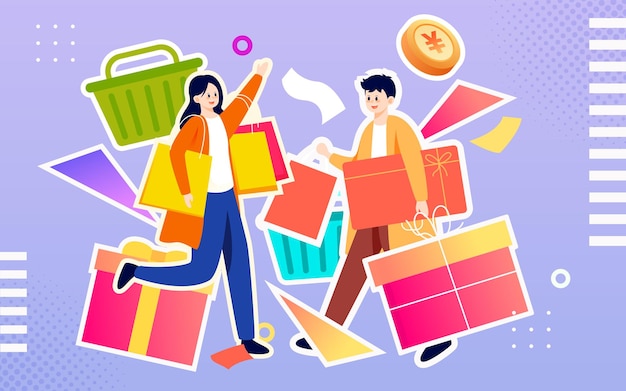 Niños y niñas sostienen varias bolsas de compras en sus manos con varias cajas de regalo y bolsas de compras