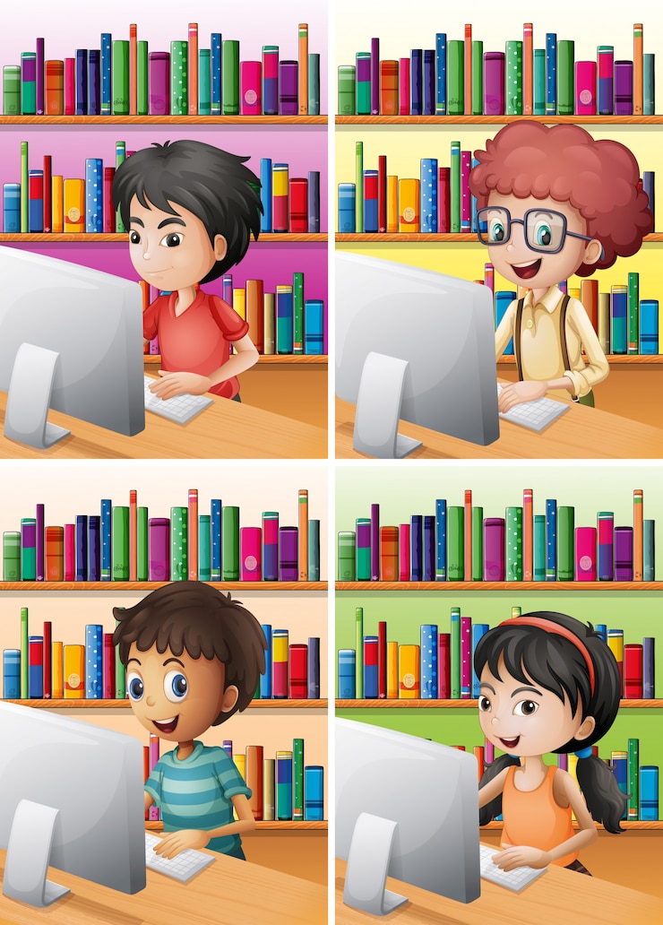 Vector niños y niñas trabajando en la computadora