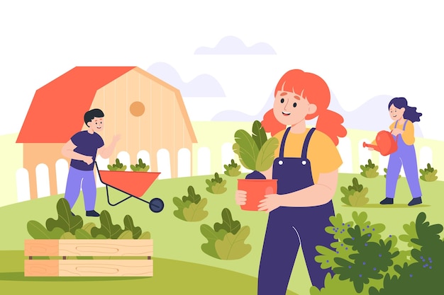 Niños y niñas trabajando juntos en el jardín escolar