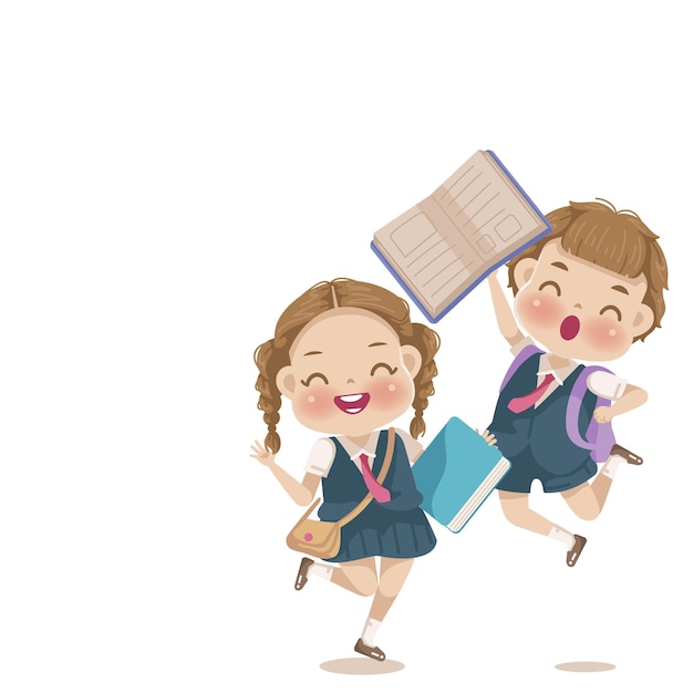 Niños y niñas en uniformes sosteniendo un libro en una mochila saltando