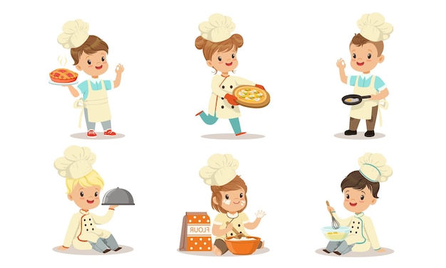 Niños y niñas vestidos como cocineros cocinan ilustración vectorial