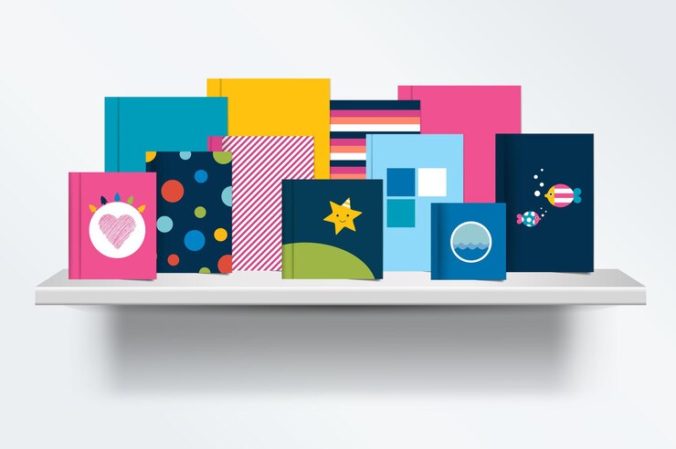 Vector niños niños estantería vista frontal de la cubierta de libros de pie sobre fondo gris con sombras ilustración vectorial