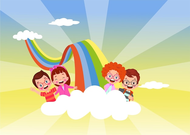 Vector niños en la nube con arco iris ilustración vectorial en estilo de dibujos animados