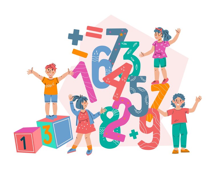 Vector niños entre números y cubos para el concepto de estudio de matemáticas y números que aprenden ilustraciones vectoriales planas aisladas en el fondo diseño de afiches o pancartas para la educación escolar y preescolar