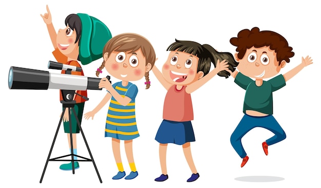 Niños observando el cielo con un telescopio