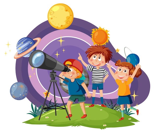 Niños observando planetas con telescopio