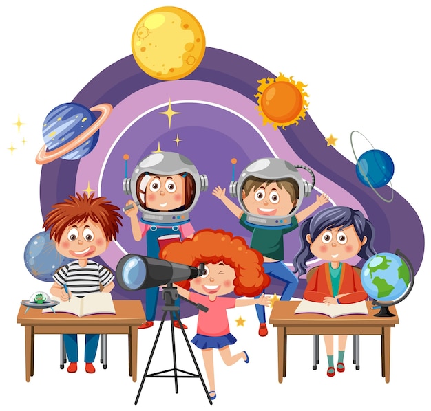 Niños observando planetas con telescopio