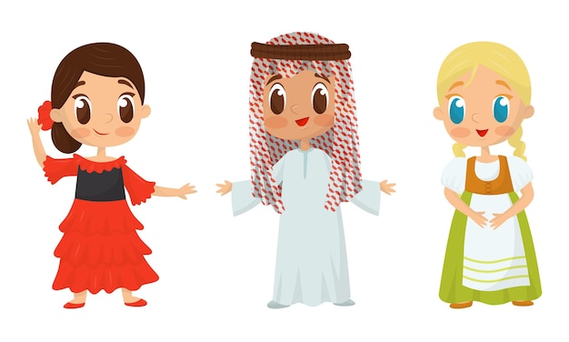 Vector niños de ojos grandes personajes con trajes tradicionales conjunto vectorial español árabe checo concepto de ropa nacional
