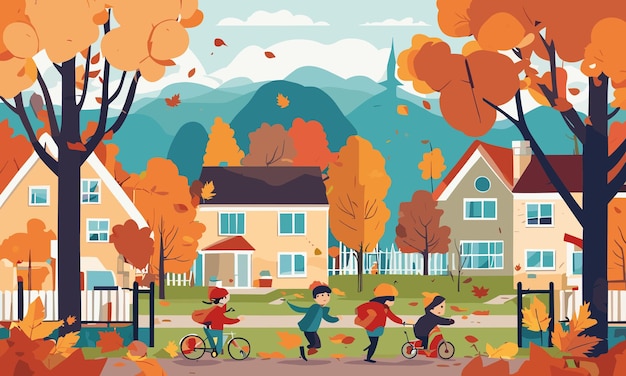 Los niños del paisaje juegan en el patio en otoño en una ilustración de estilo plano