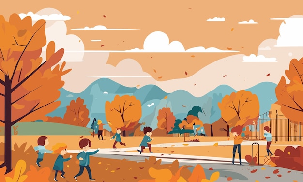 Los niños del paisaje juegan en el patio en otoño en una ilustración de estilo plano