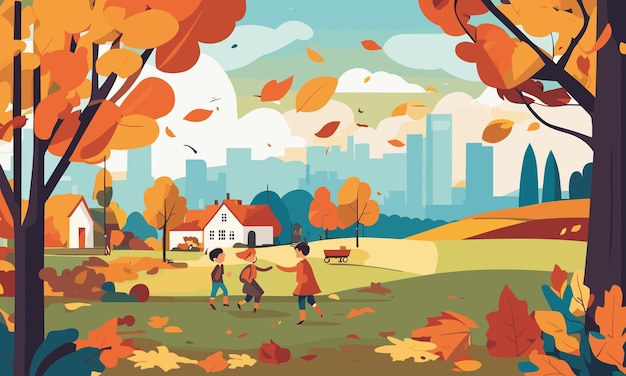 Los niños del paisaje juegan en el patio en otoño en una ilustración de estilo plano