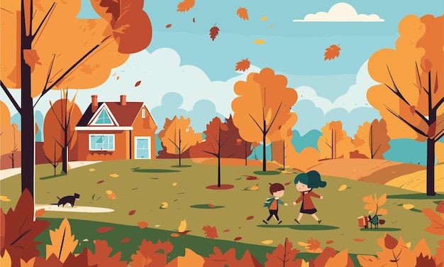 Los niños del paisaje juegan en el patio en otoño en una ilustración de estilo plano