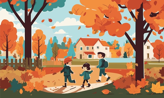 Los niños del paisaje juegan en el patio en otoño en una ilustración de estilo plano