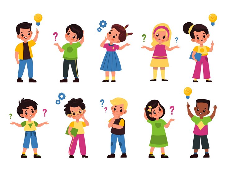 Vector niños pensativos niños con preguntas lámparas y símbolos de engranajes sobre cabezas procesos de pensamiento imaginación y nuevas ideas pensando en niñas y niños en diferentes poses conjunto de dibujos animados vectoriales