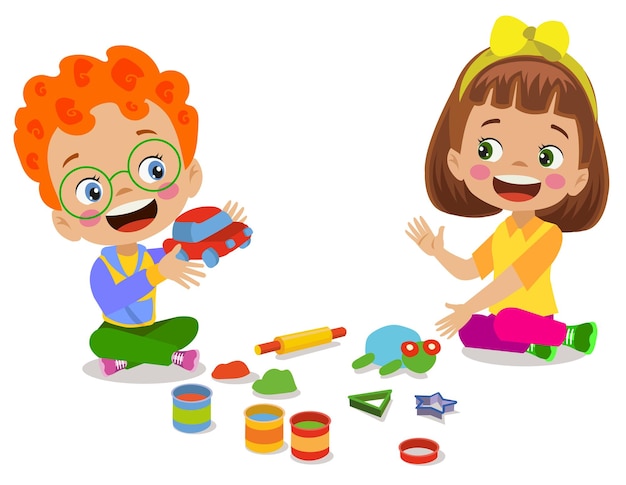 Vector niños pequeños y amigos juegan con plastilina de arcilla de juguete